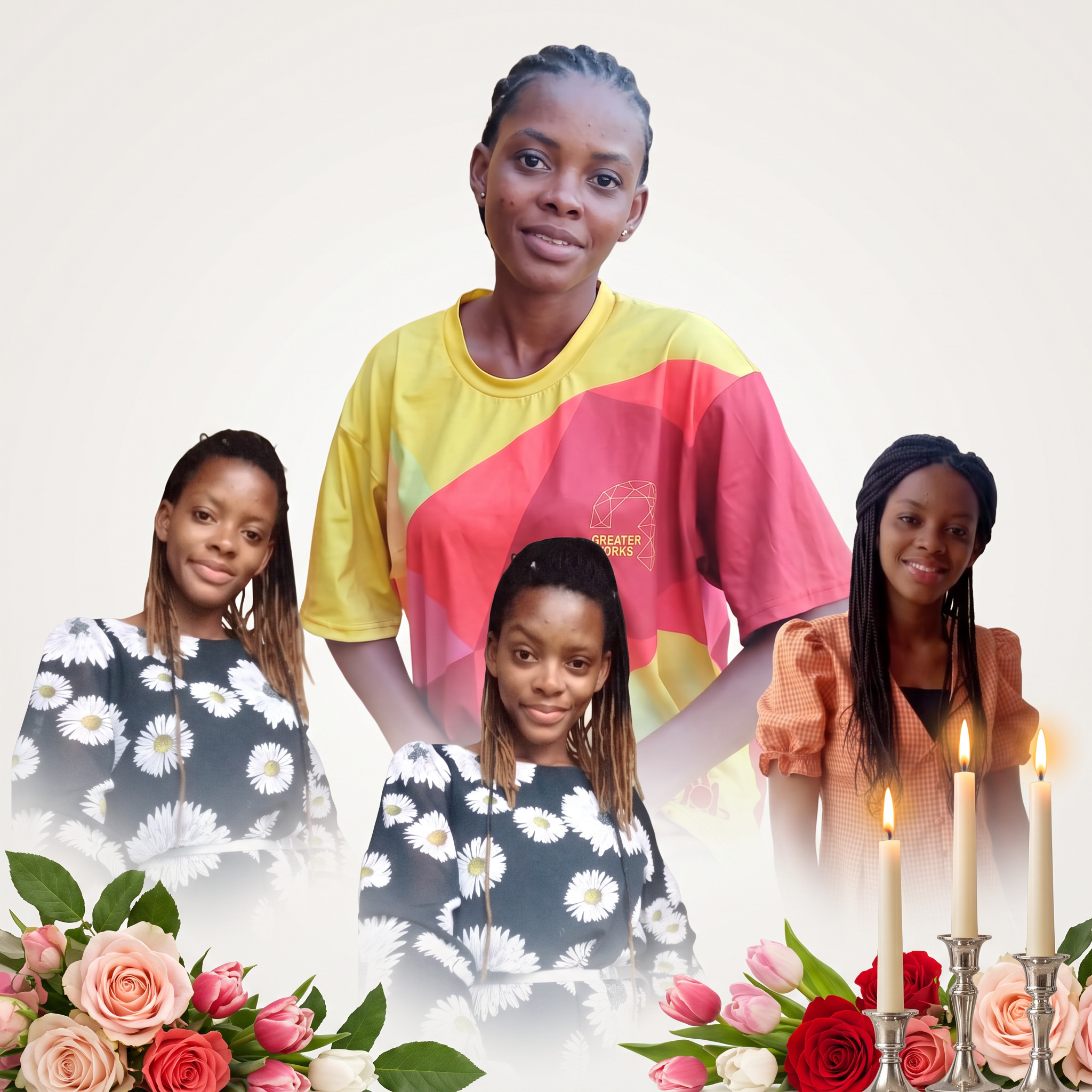 Gifty Awudi surrounded by softly faded portraits, roses, tulips and three glowing candles